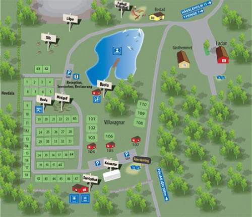 Karta över campingområdet på Tostarpsgården där man kan hyra stugor i flera storlekar - Camping i Skåne strax söder om Finjasjön.